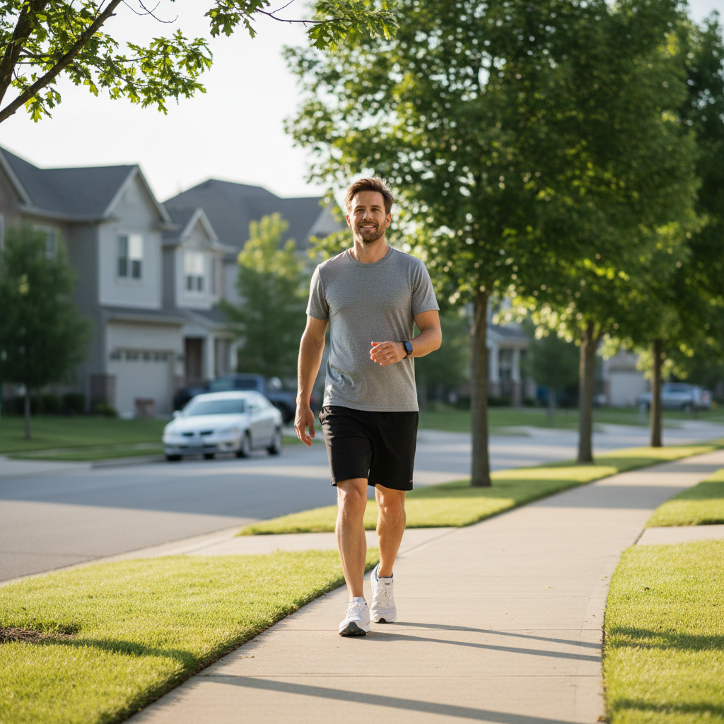 Beginner doing easy cardio walking outdoors at a comfortable pace