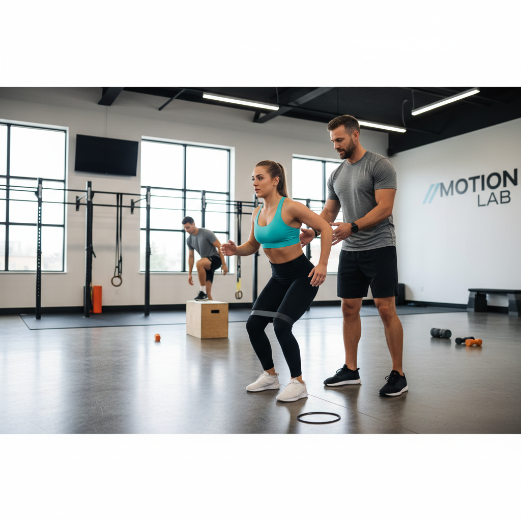 Coach guiding athlete through warm-up routine with mobility and activation drills