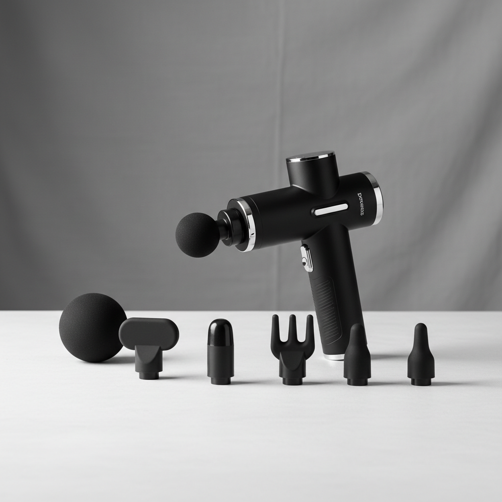 Massage gun settings and attachments laid out on a clean table