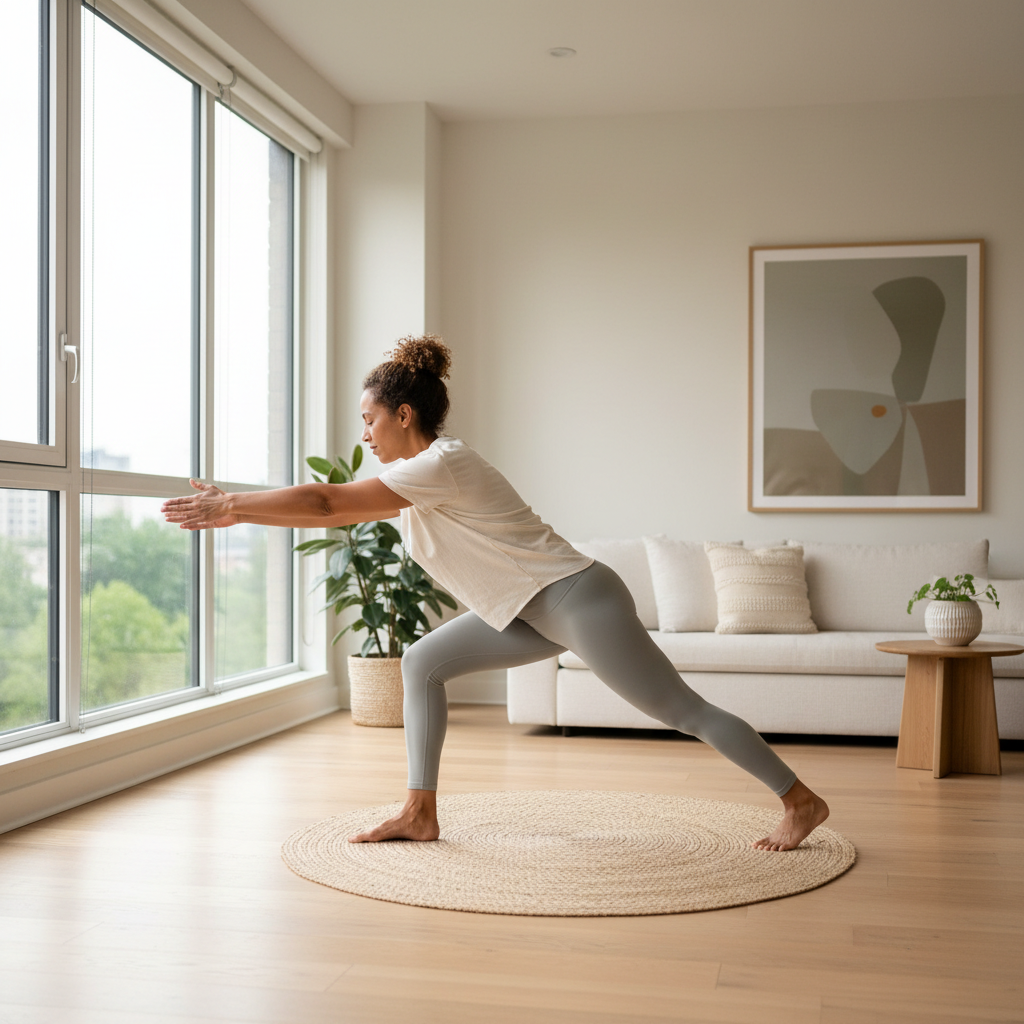 Beginner-friendly yoga for flexibility routine in a calm home setting