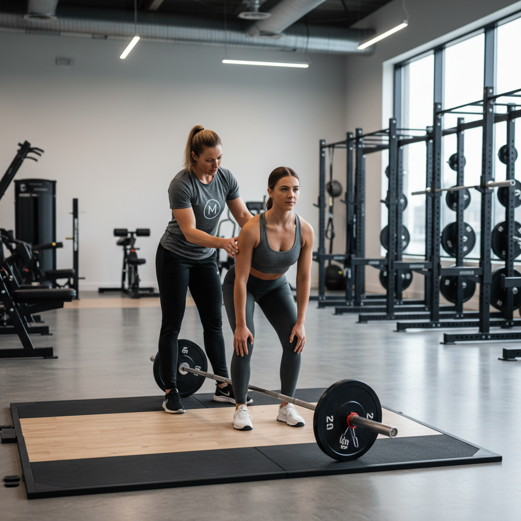 Beginner learning safe weight training form in a gym with a trainer