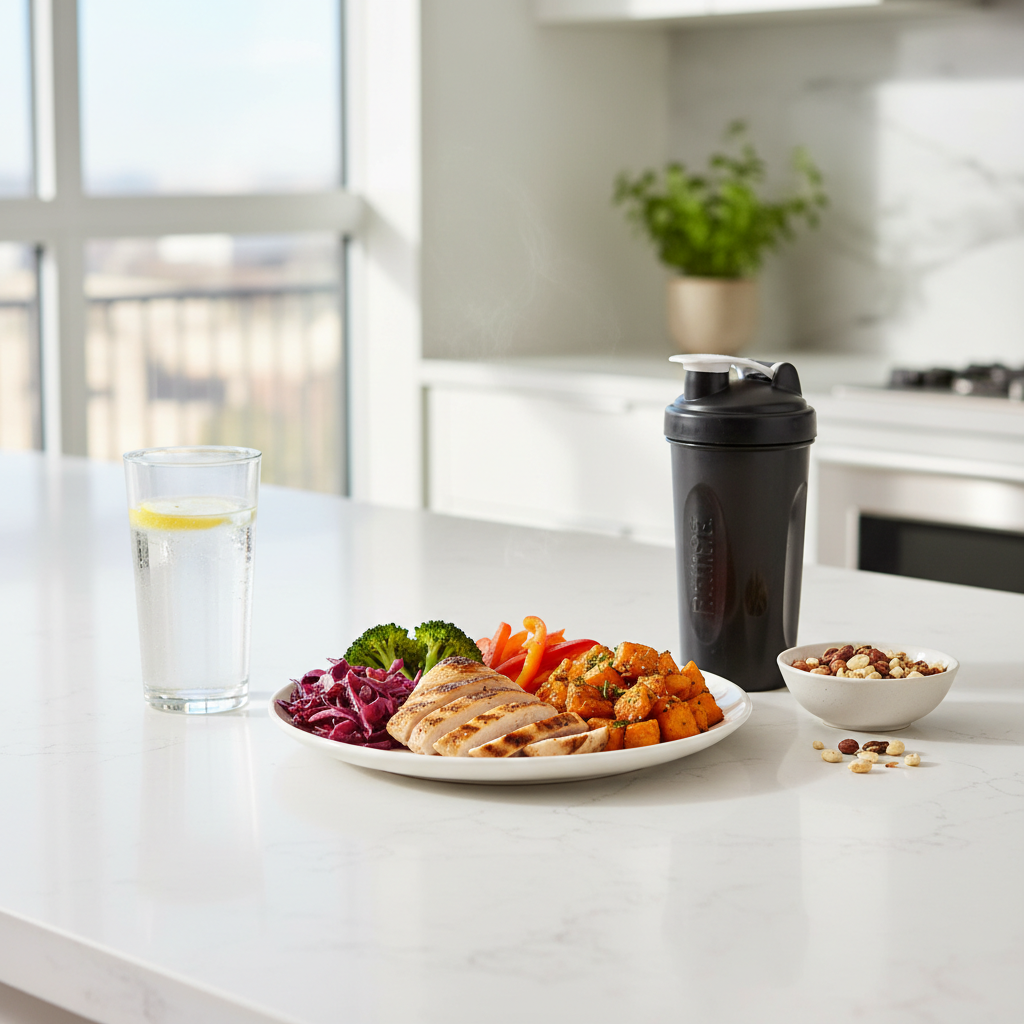 Balanced post-workout meal with protein, carbs, and hydration for muscle recovery
