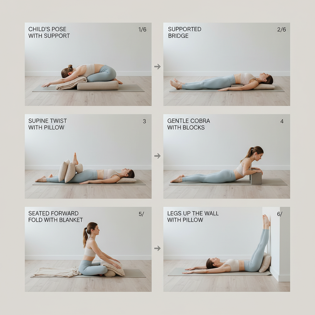 Step-by-step yoga routine for back pain with props like blocks and pillows