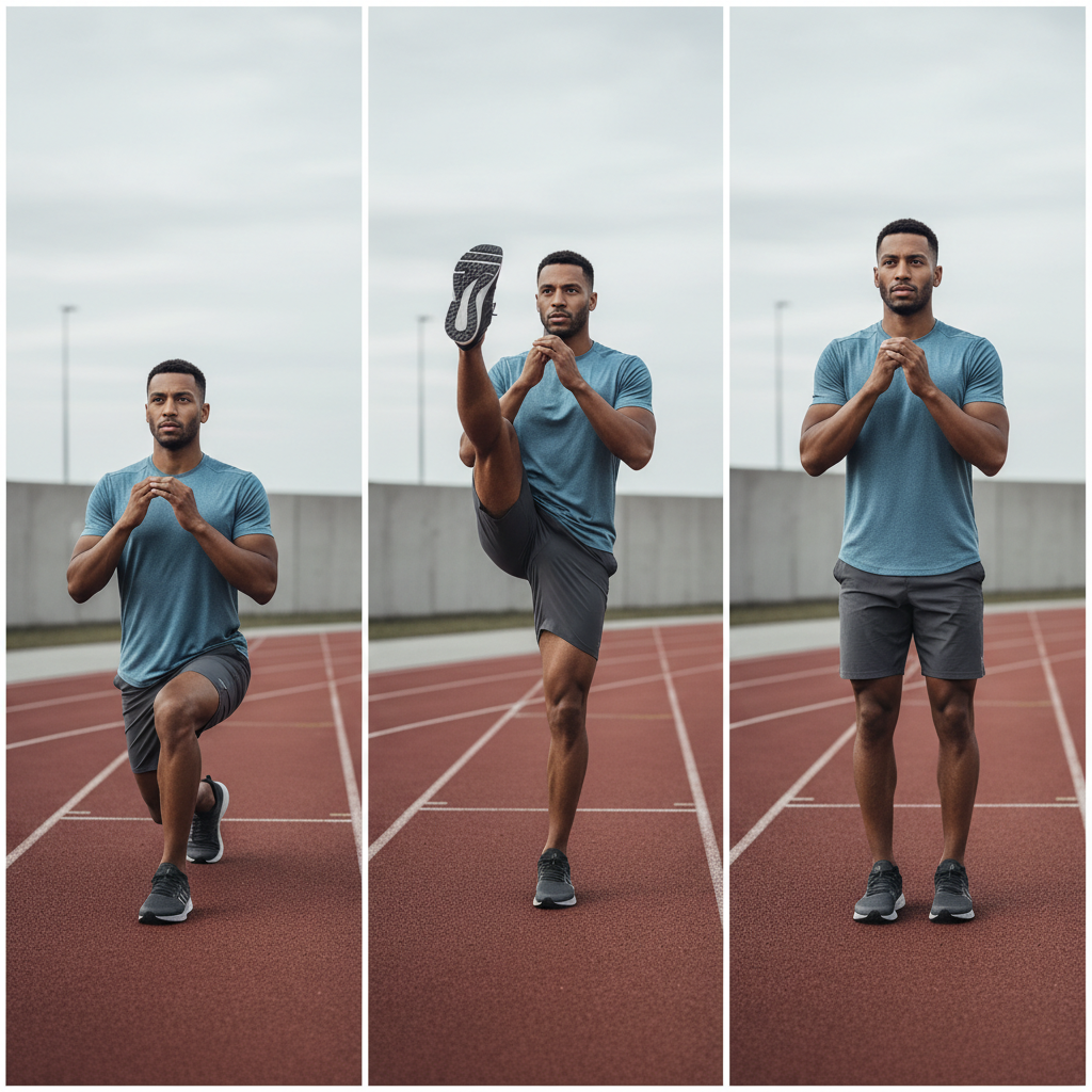 Dynamic warm-up routine for runners including lunges and leg swings