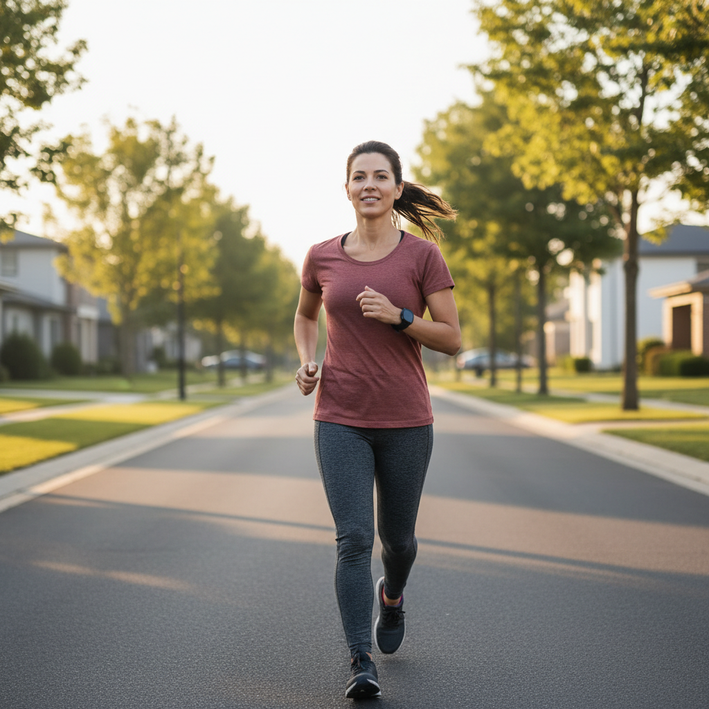 Runner doing an easy endurance run on a neighborhood road for stamina building
