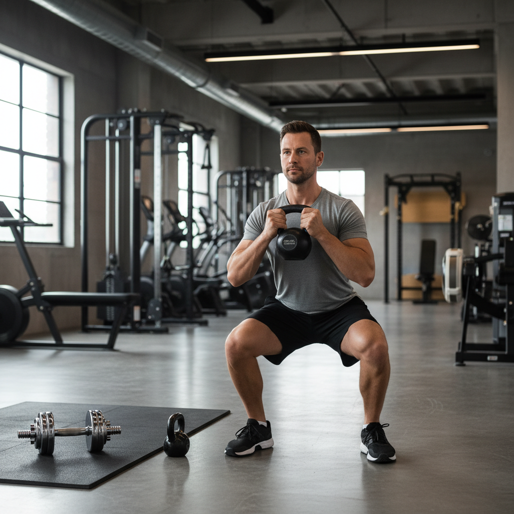 Full-body strength workout with squat hinge push pull exercises in a gym