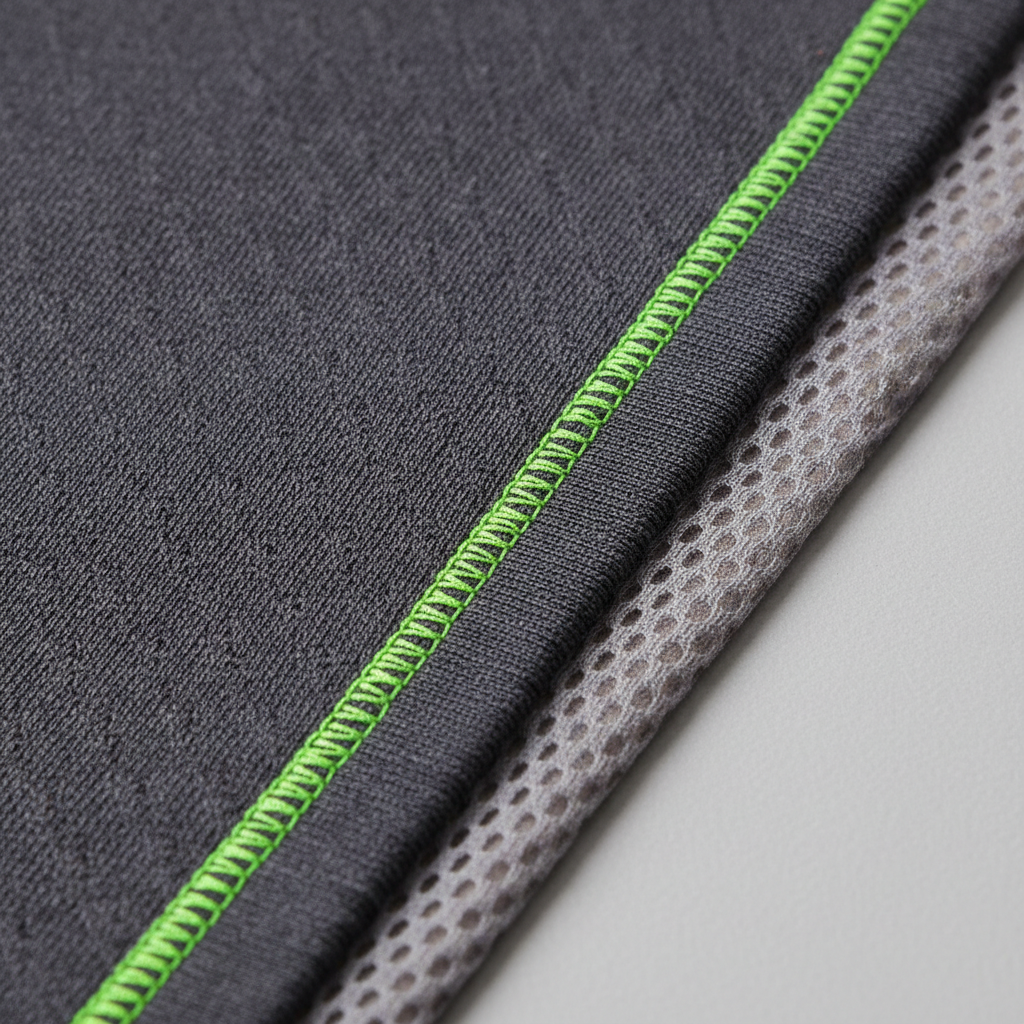 Close-up of moisture-wicking fabric and flatlock seams on men’s training apparel
