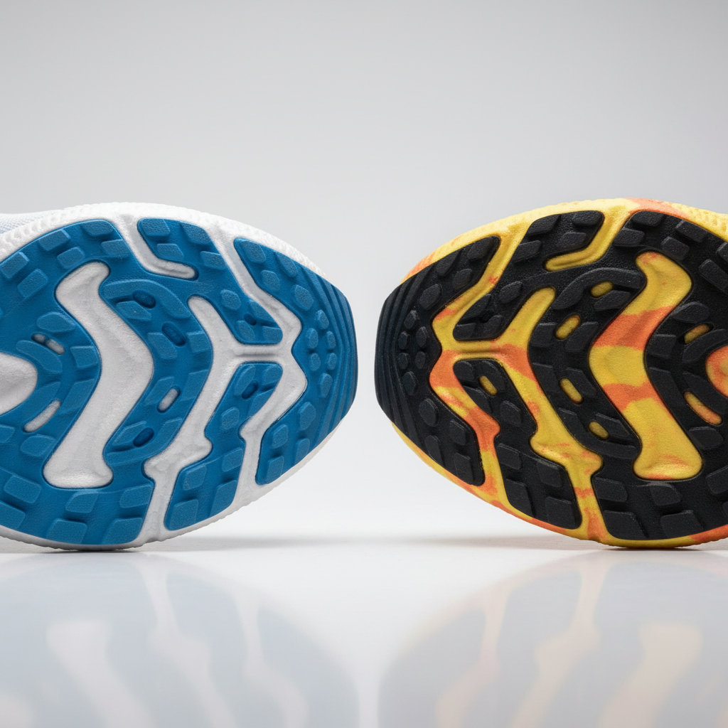 Close-up comparison of running shoe midsole cushioning and outsole rubber