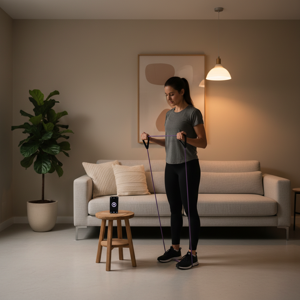 Short evening fitness micro routine with resistance band and timer