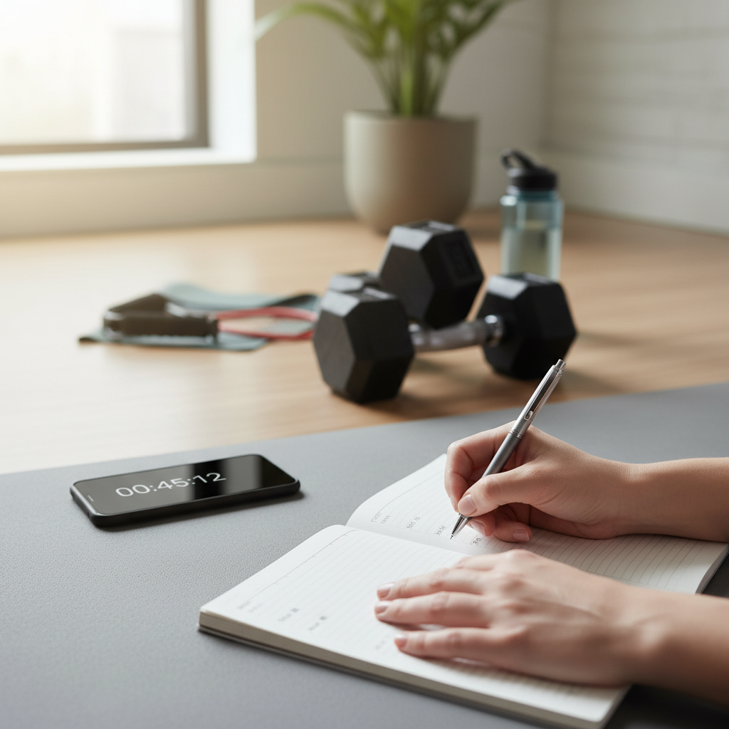 Tracking strength training progress with a notebook at home