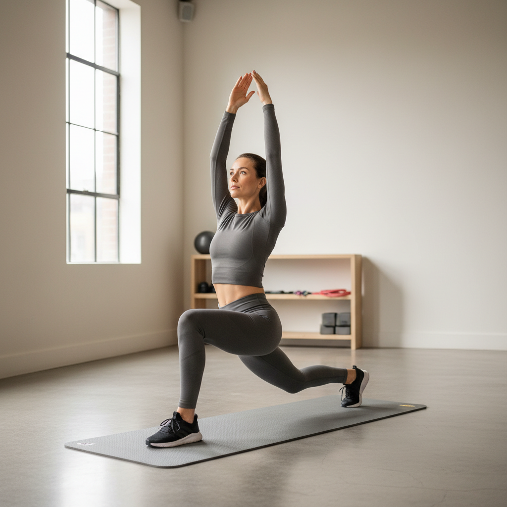 Gymnastics fitness flexibility training with controlled stretching on a mat