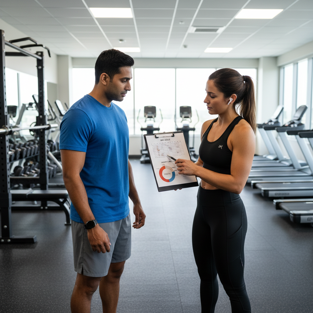 Trainer explaining workout intensity control using RPE and heart rate concepts