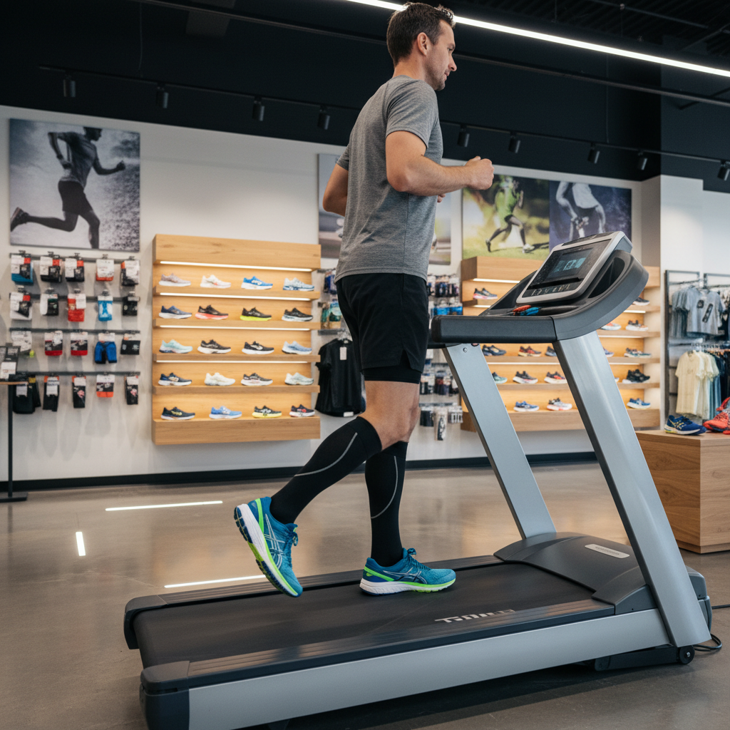 Runner doing a quick treadmill test to evaluate heel lock and toe room in running shoes