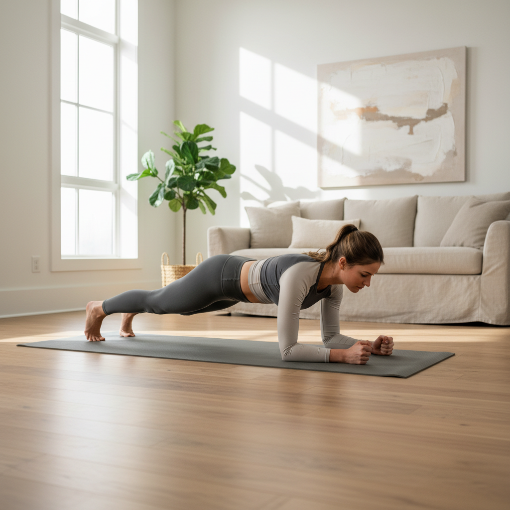 Beginner core workout exercises on a yoga mat at home