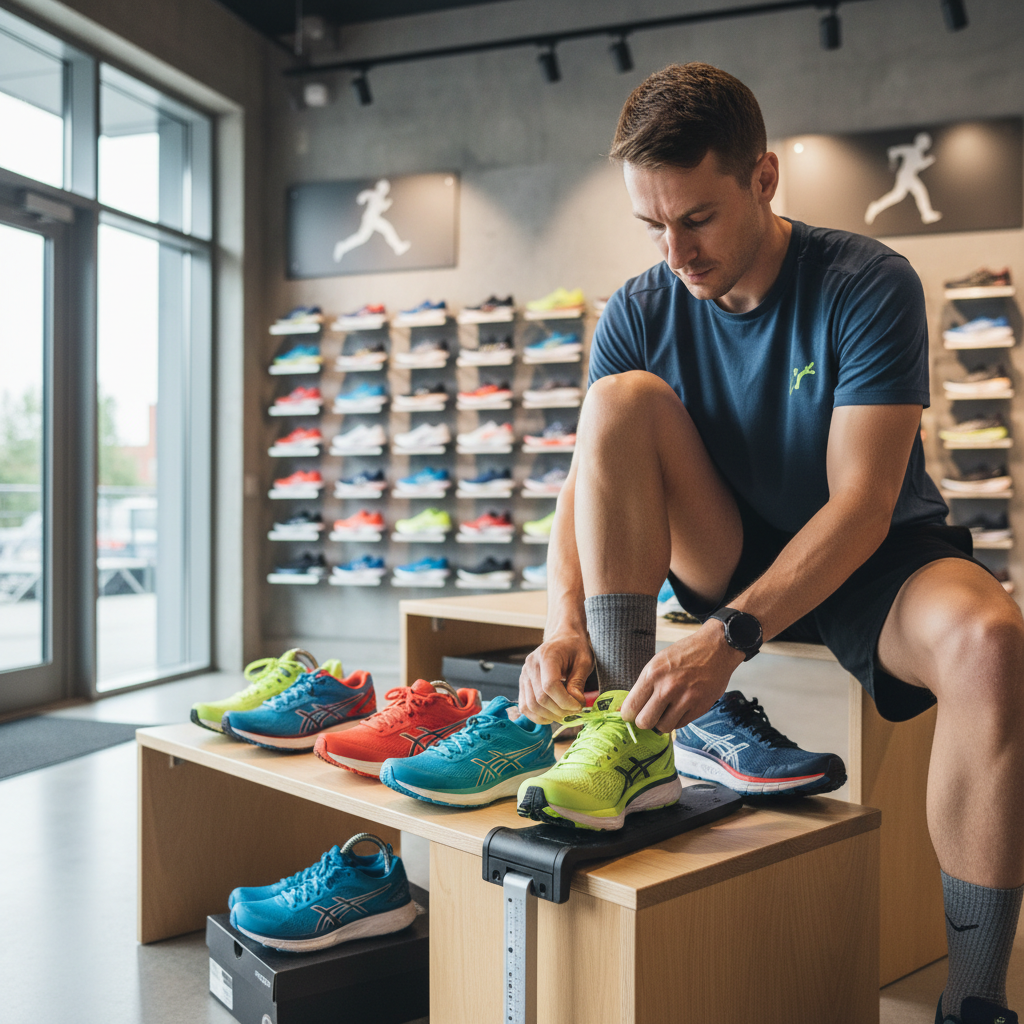 Runner trying on running shoes in a specialty store for proper fit