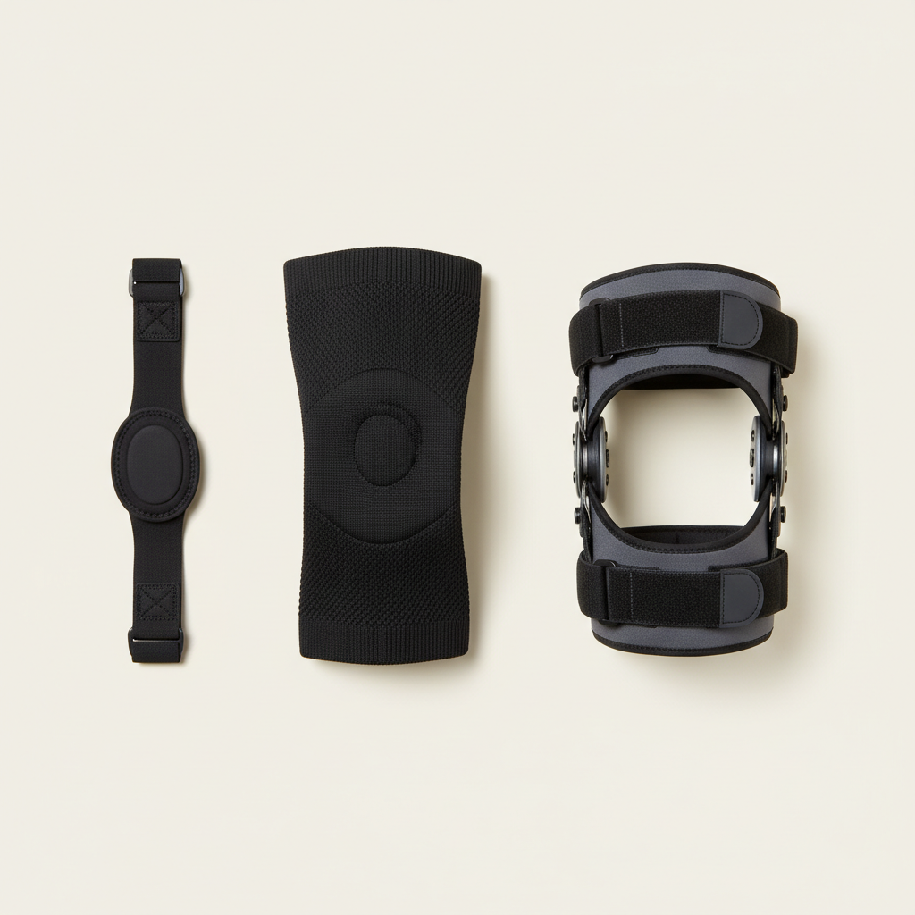 Different knee supports laid out: sleeve, patellar strap, hinged brace