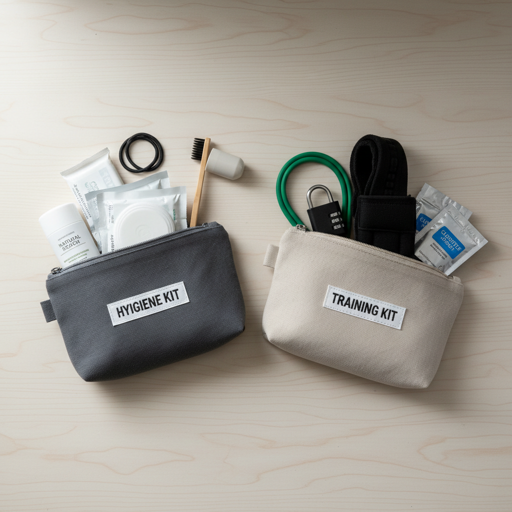 Two small pouches for gym bag essentials: hygiene kit and training gear kit