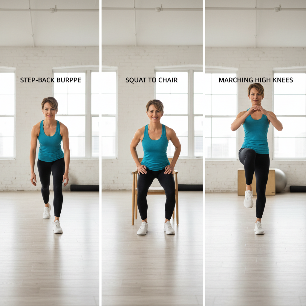 Beginner-friendly HIIT modifications showing step-back burpee and low-impact cardio