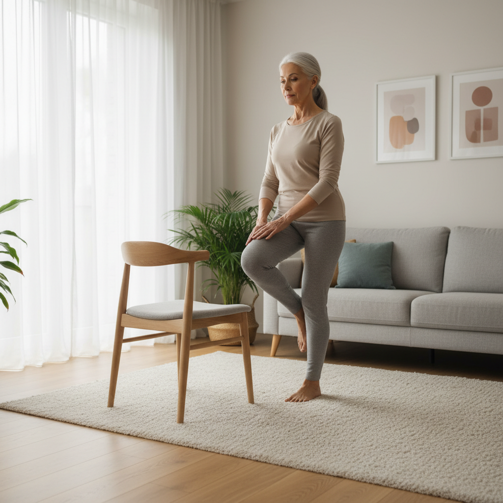 Older adult doing balance exercise near a chair for stability