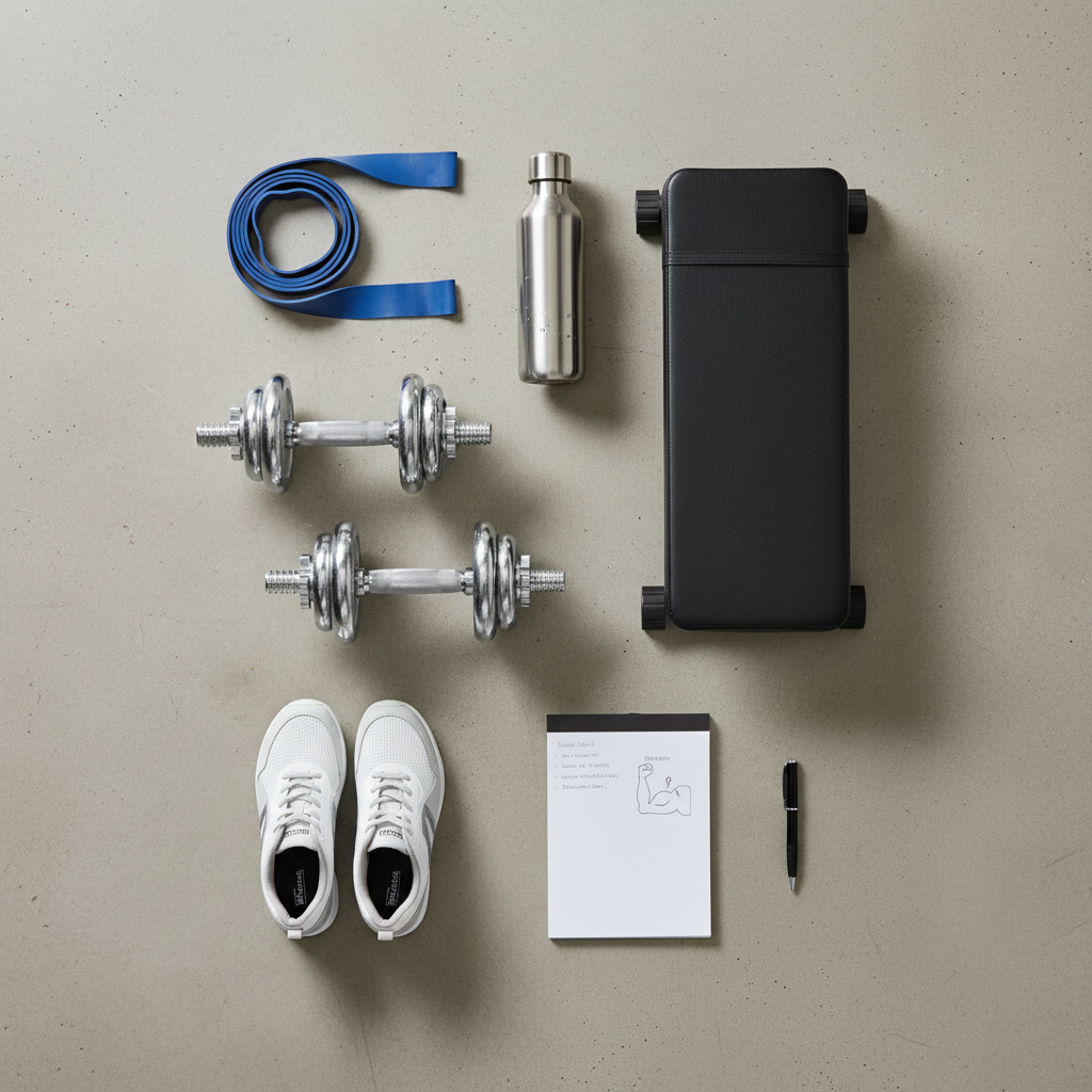Beginner weight training setup with dumbbells, bench, and stable shoes
