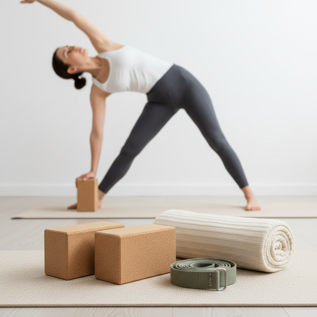 Yoga blocks and strap used to modify beginner yoga poses