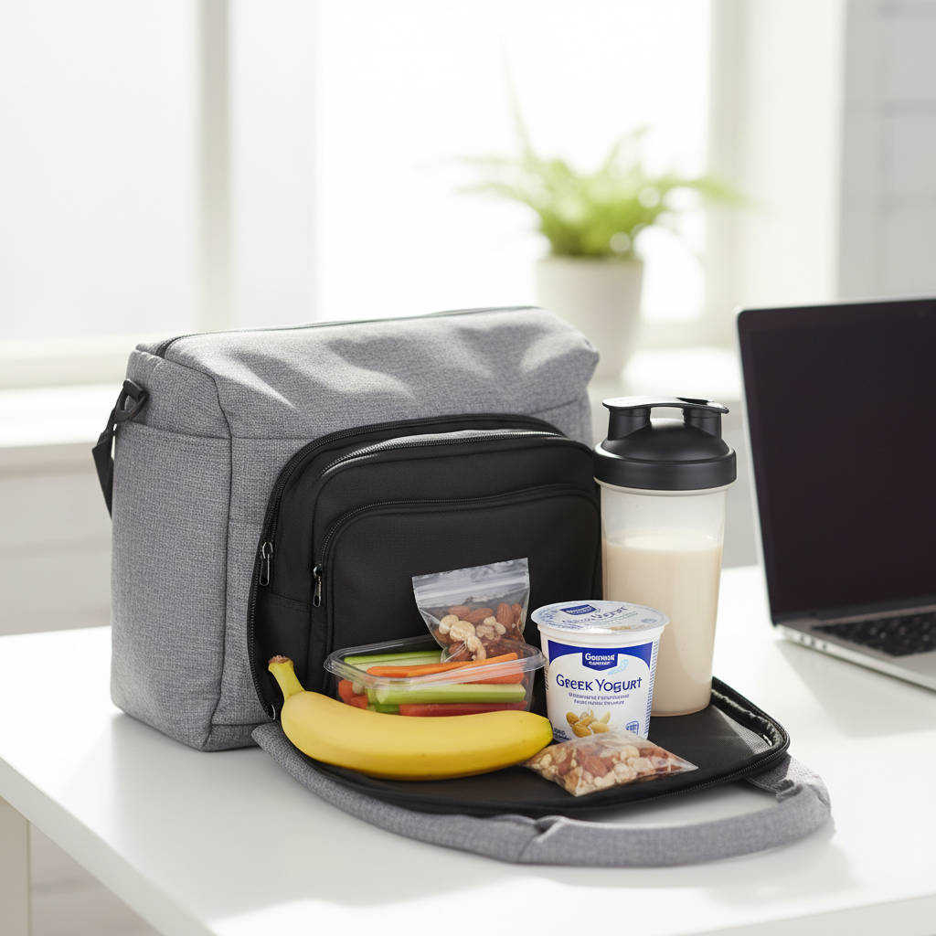 On-the-go healthy snack kit with yogurt, fruit, and nuts packed for work and gym