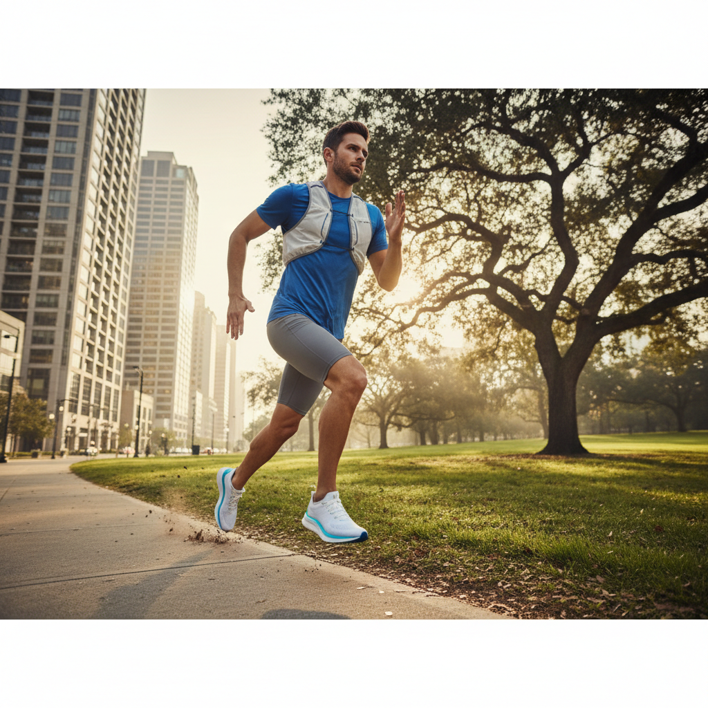 Male runner testing running shoes on a city sidewalk and park path