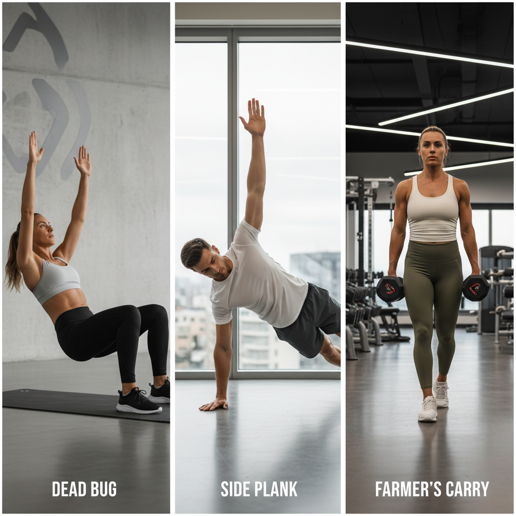 Core strength training exercises montage: dead bug, side plank, and farmer carry