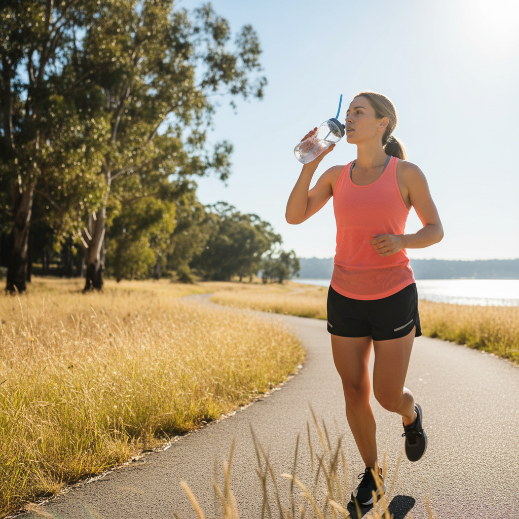 Runner sipping from a handheld bottle on a sunny outdoor path