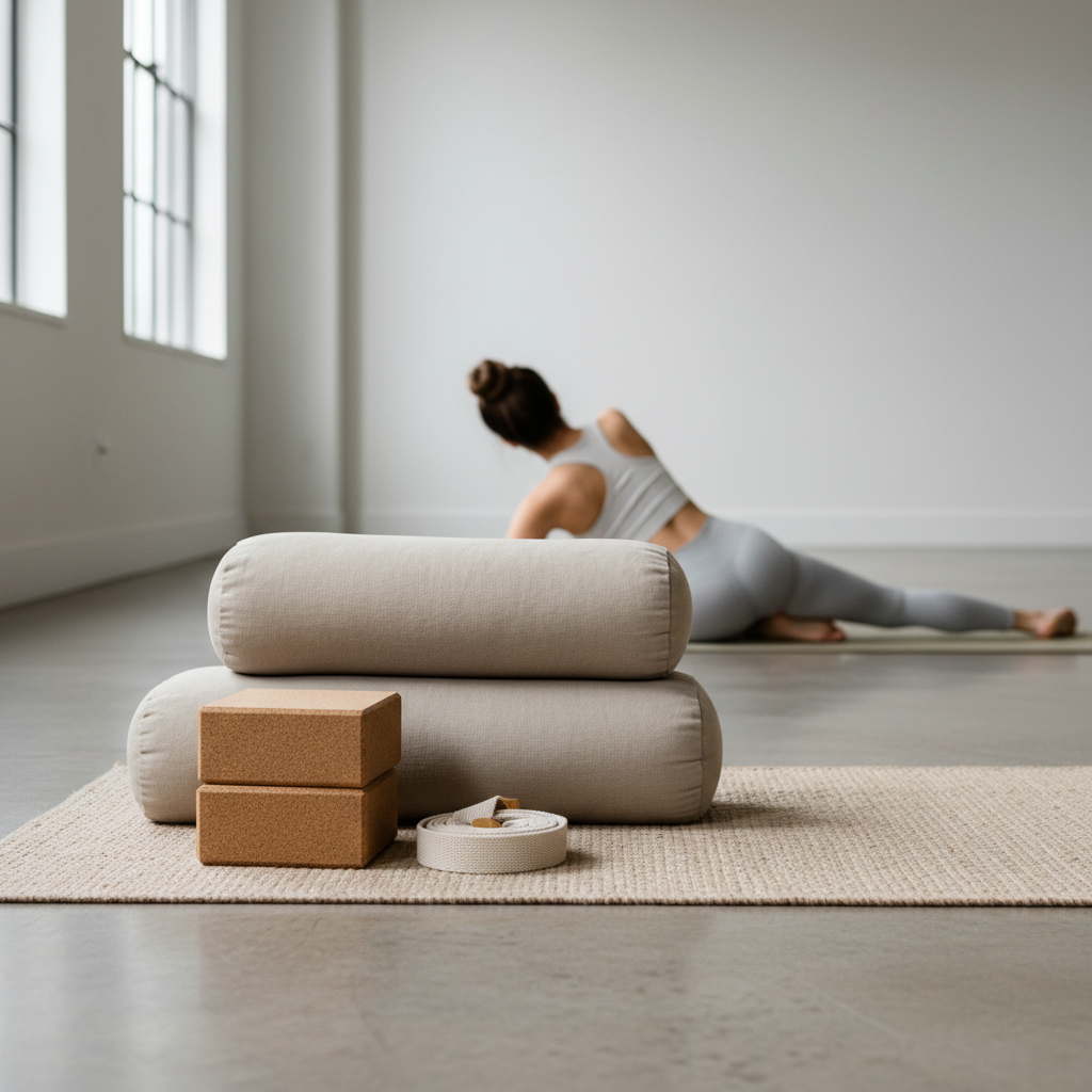 Yoga flexibility routine with blocks and strap on a studio floor