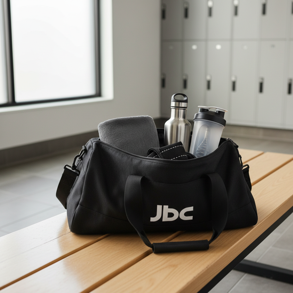 Quick dry fitness towel in a gym bag next to water bottle and lifting straps