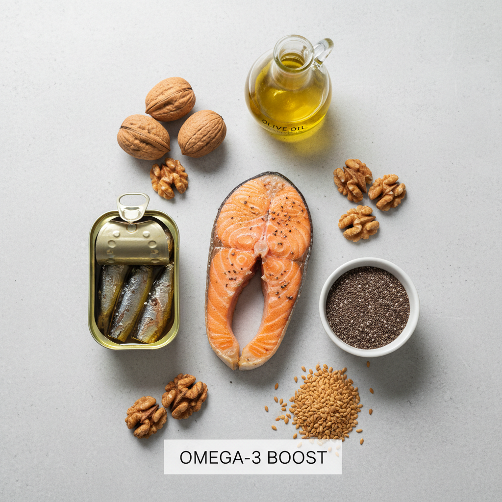 Omega-3 food sources for athletes: salmon, sardines, chia, walnuts