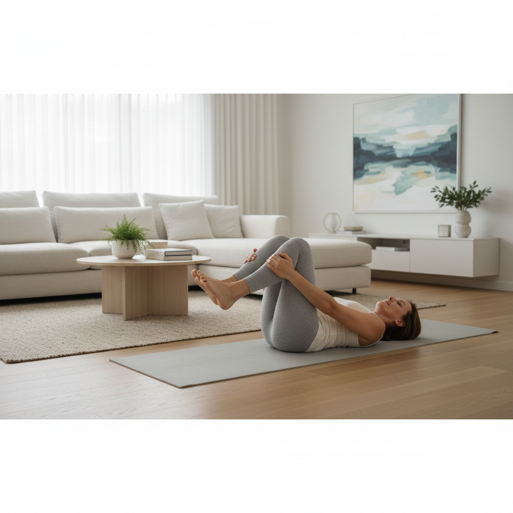 Person doing gentle lower back pain stretches on a yoga mat at home