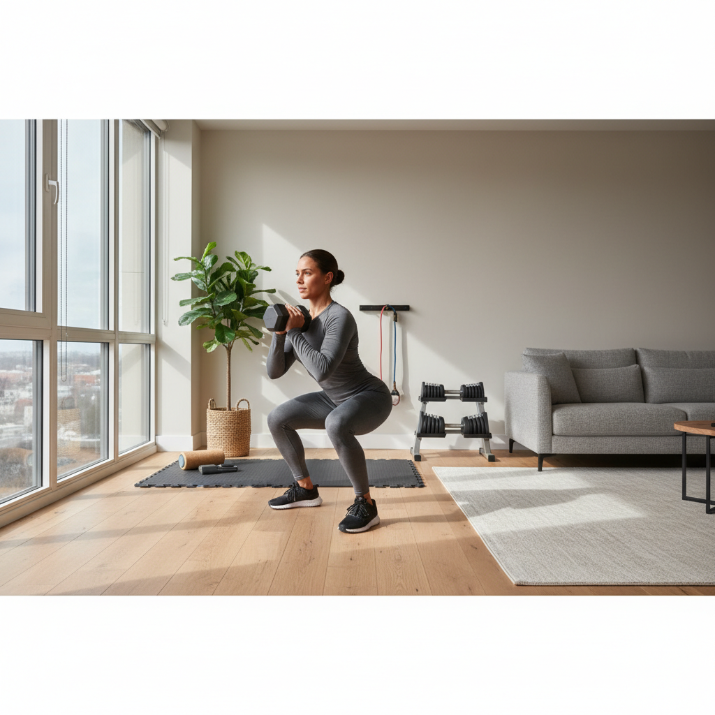 Person performing dumbbell goblet squat in a small apartment home gym