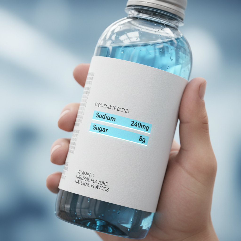 Close-up of an electrolyte drink nutrition label highlighting sodium and sugar