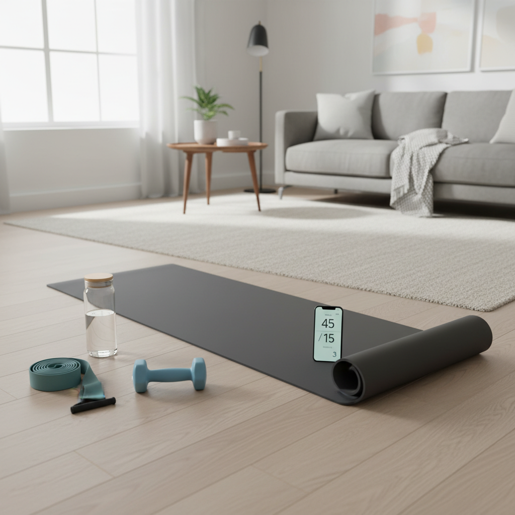 Full body HIIT workout setup with timer, mat, and dumbbells