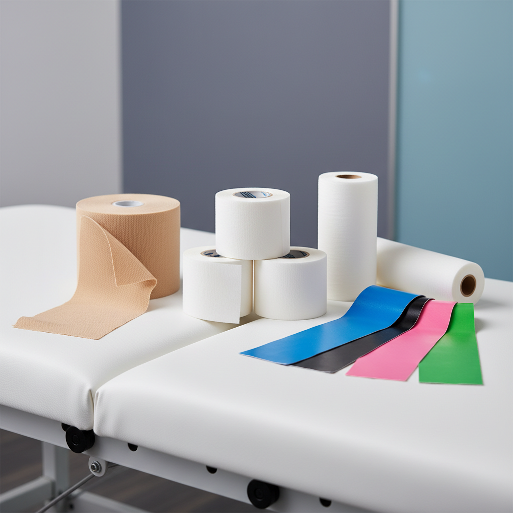 Different types of athletic tape: rigid tape, elastic wrap, kinesiology tape on a sports table