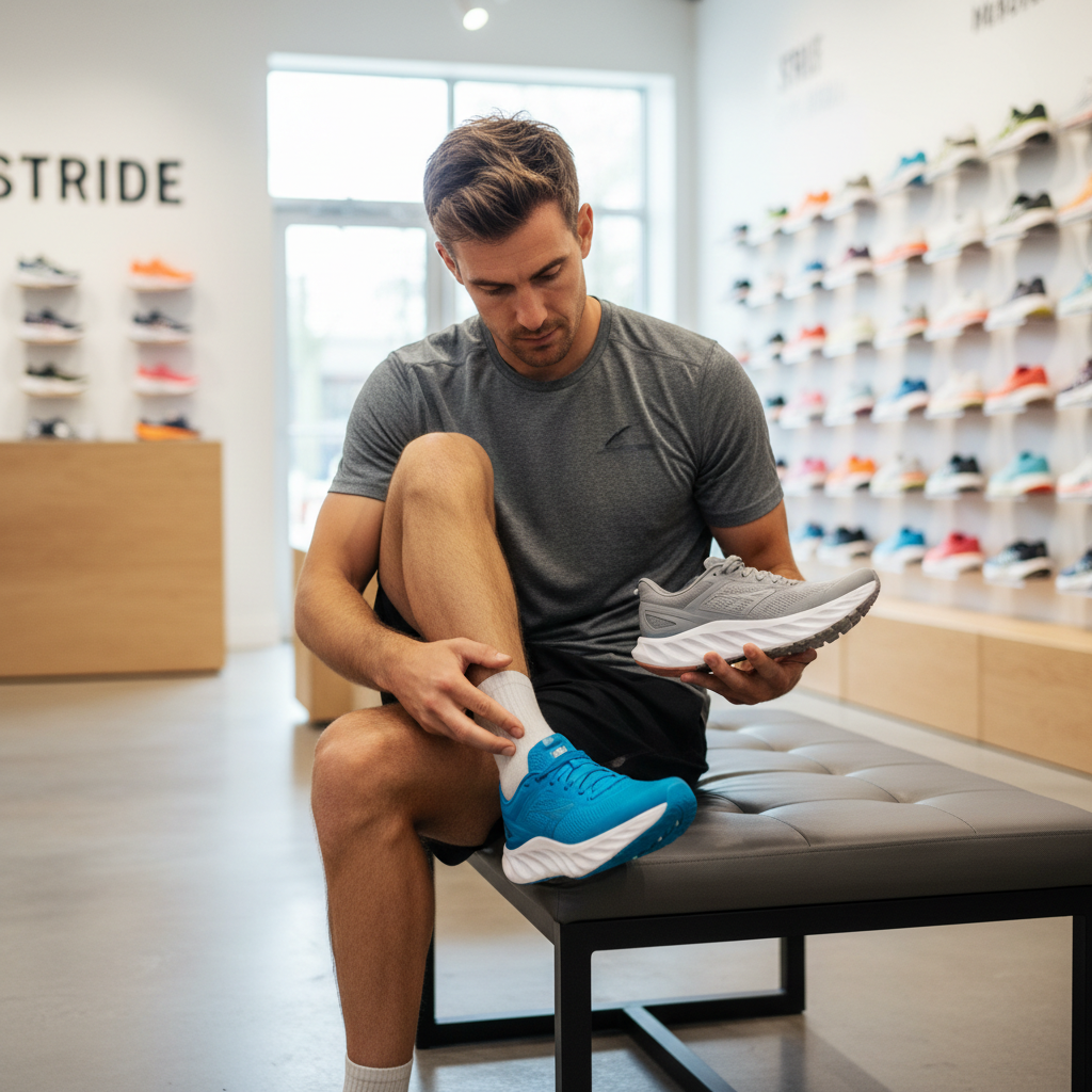 Runner comparing running shoe fit and midsole cushioning in a specialty store