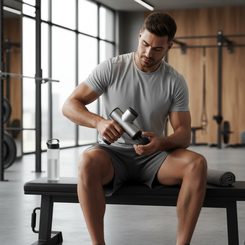Athlete using a muscle recovery massage gun on quad after workout