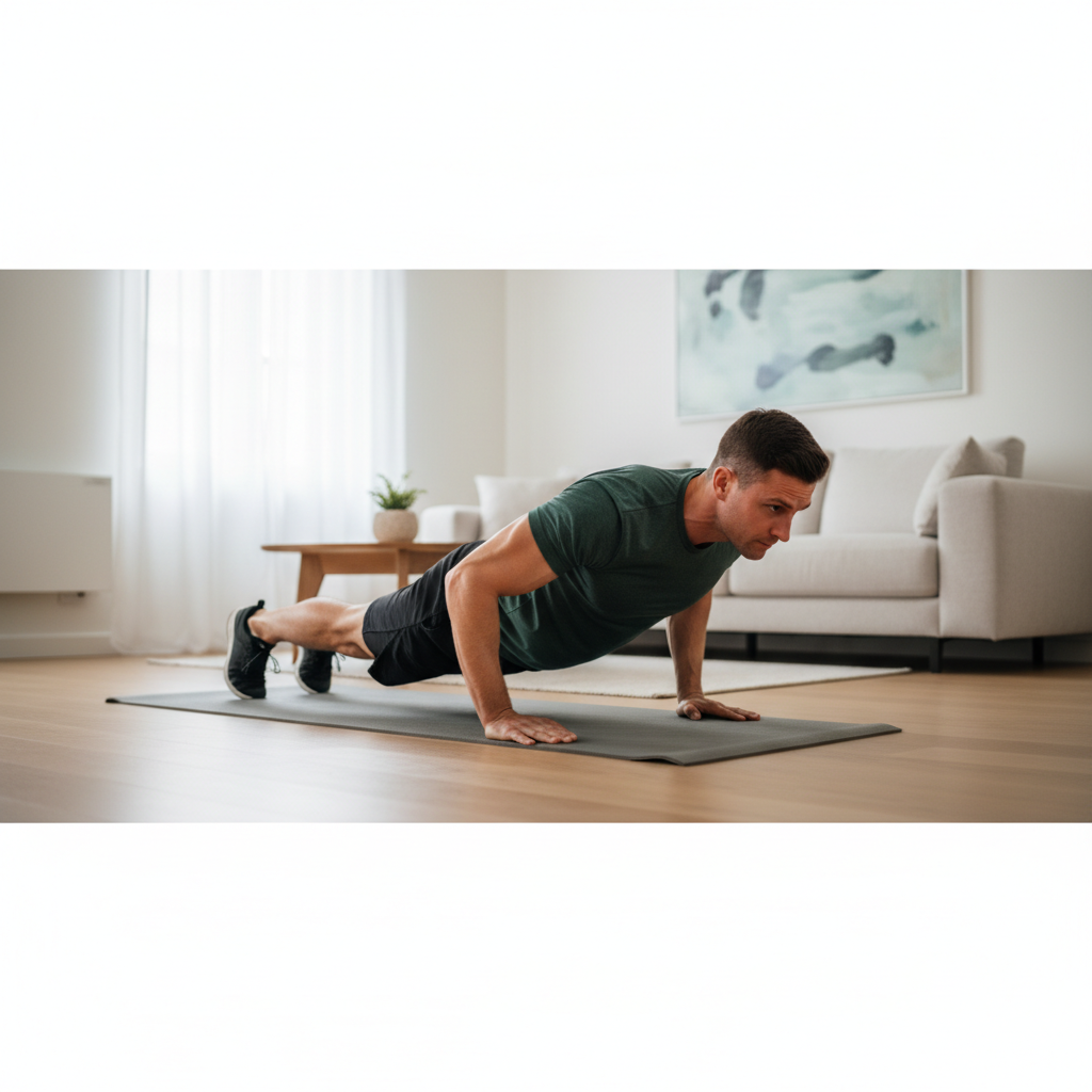 Man doing controlled push-ups at home focusing on form and tempo