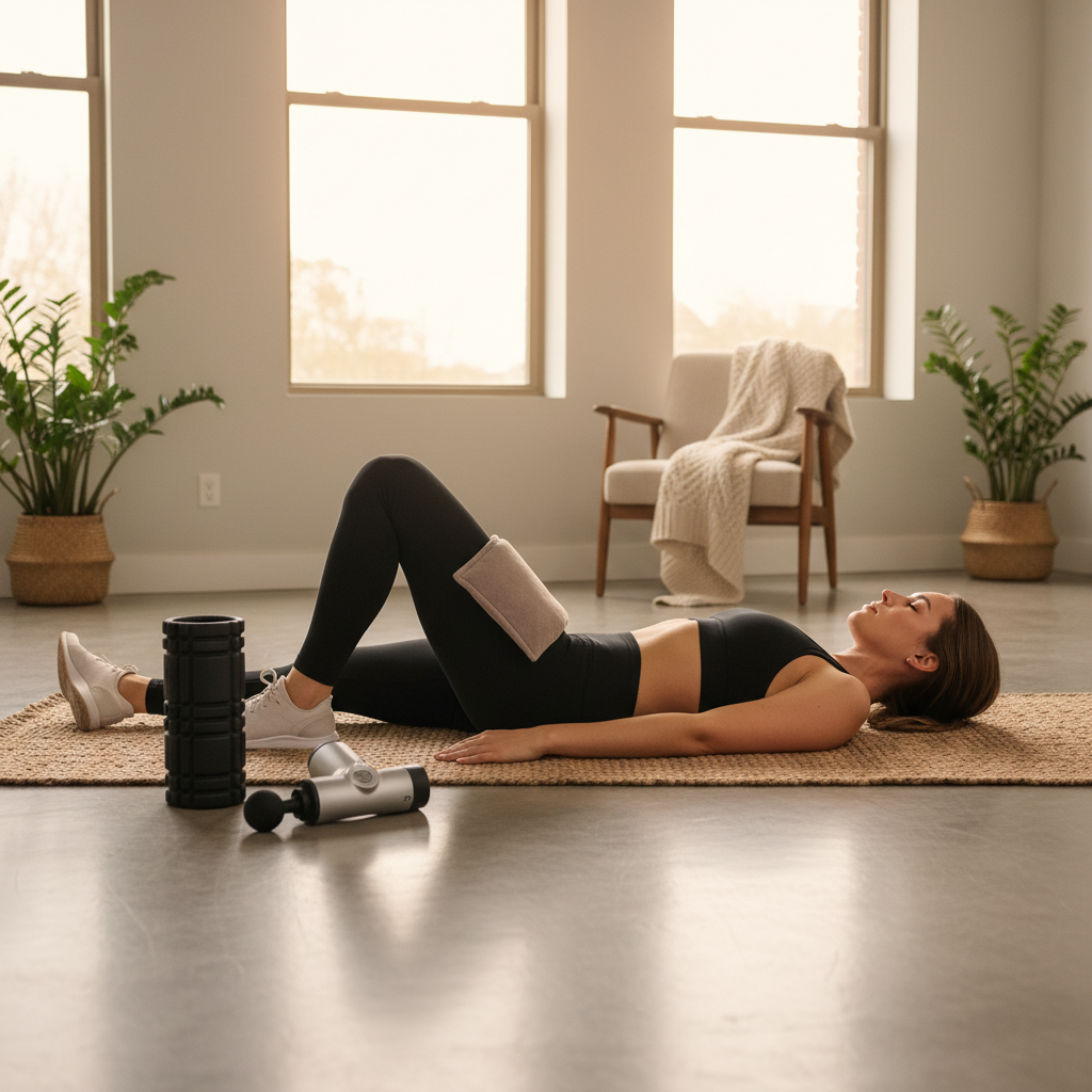 Post-workout recovery routine at home with breathing, stretching, and heat pack