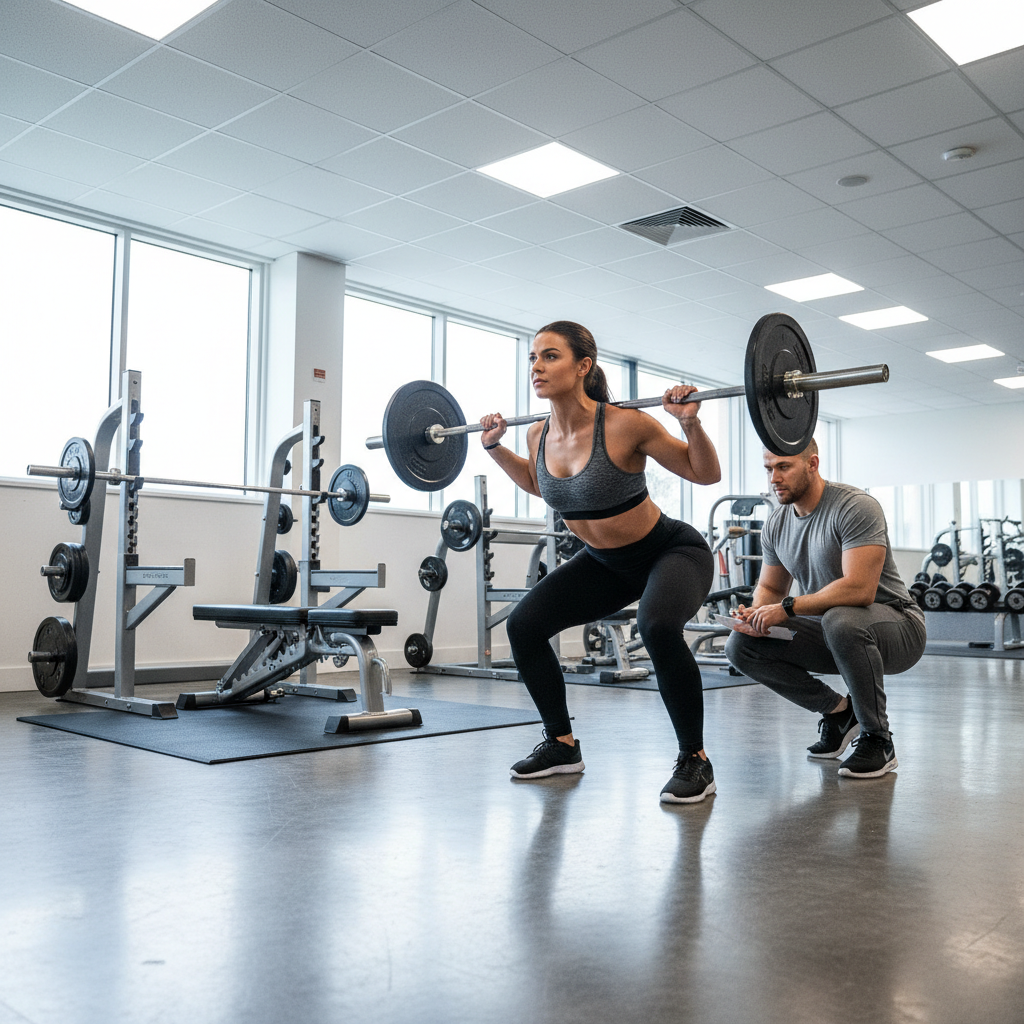 Full body strength training workout with squat and press in a bright gym