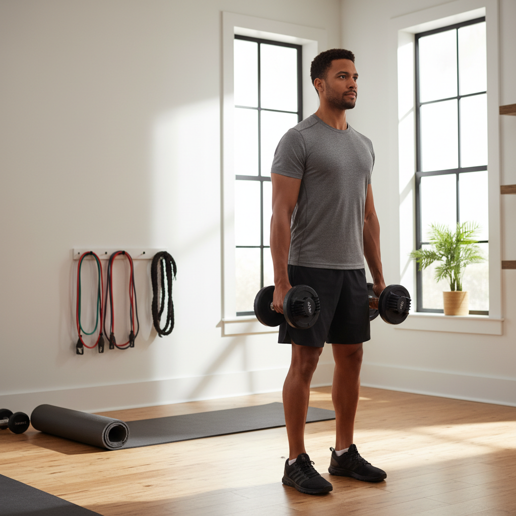 Person doing dumbbell workout in a budget home gym setup