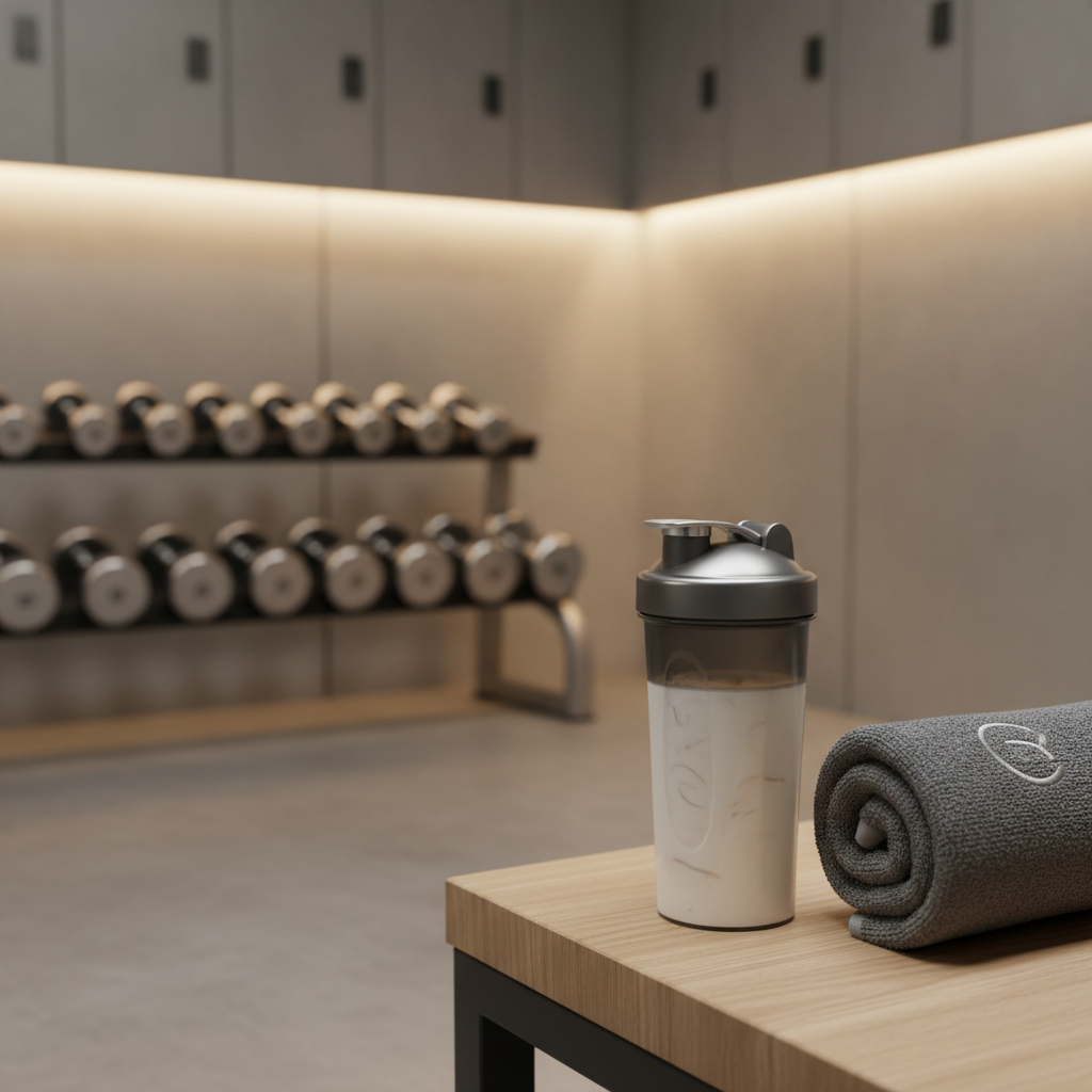 Post-workout protein shake with shaker bottle and gym towel