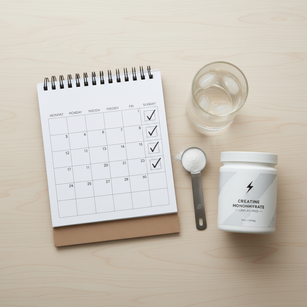 Simple creatine dosing checklist with water bottle and calendar reminders