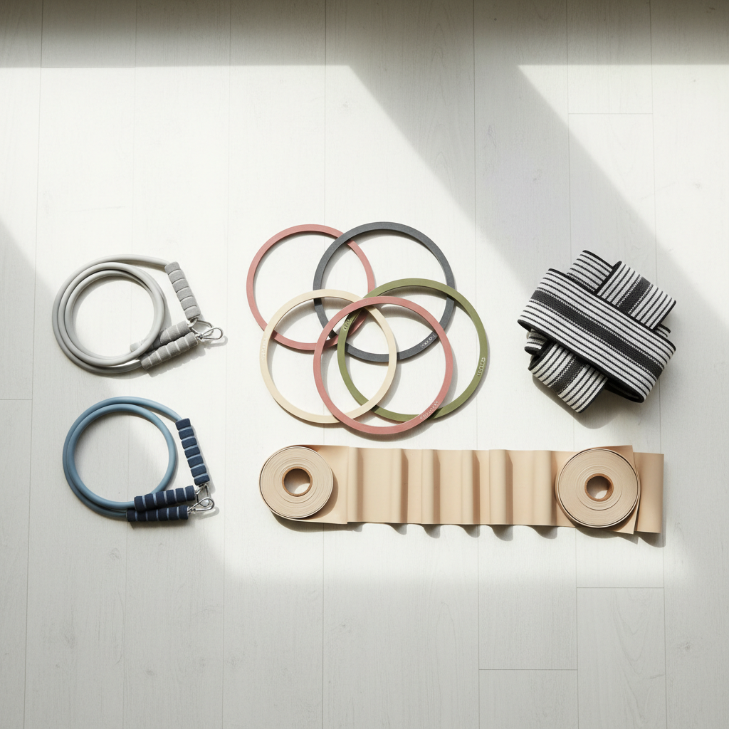 Different types of resistance bands for strength training laid out on a gym floor