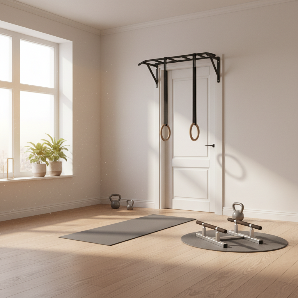 Home calisthenics workout setup with pull-up bar and rings