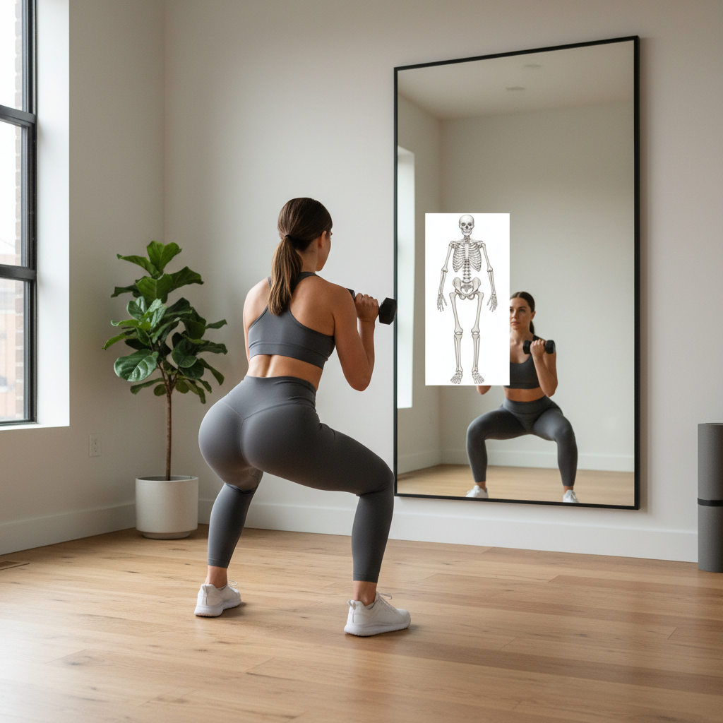Woman practicing proper squat and hinge form at home with mirror and dumbbells