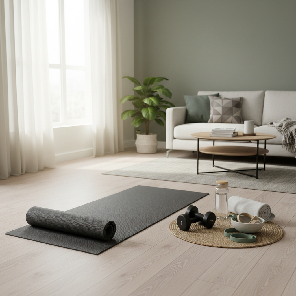 At-home workout setup in a living room with yoga mat and dumbbells