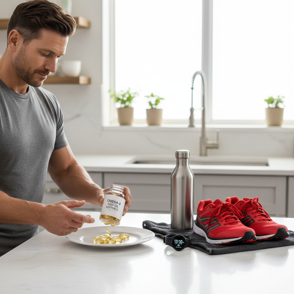 Athlete preparing fish oil omega-3 supplements next to training gear